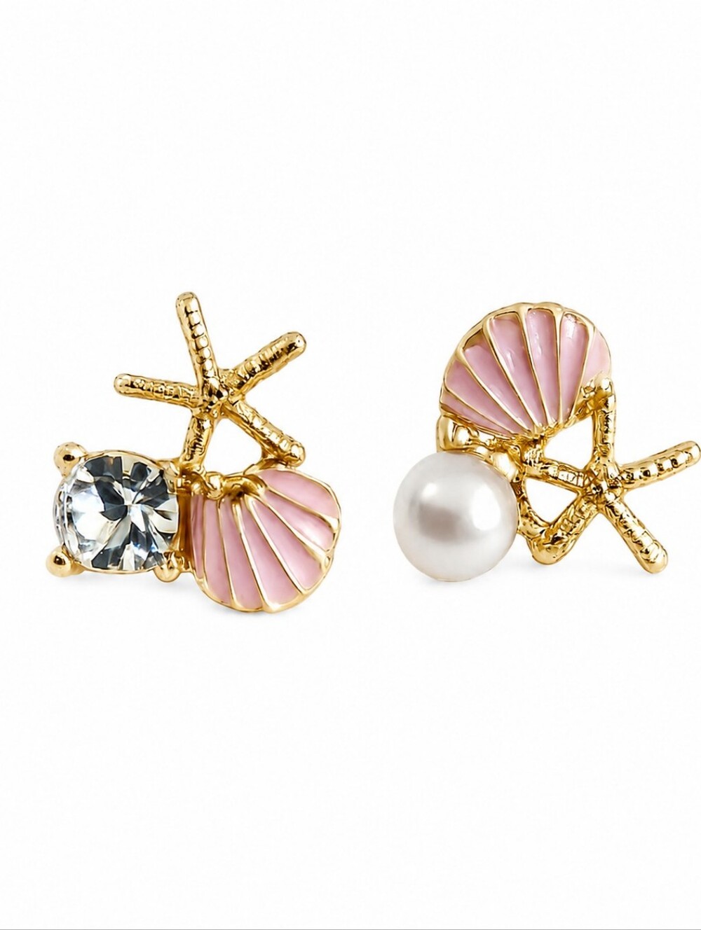 Asymetrical SHELL STARFISH PEARL DIAMOND EARRINGS